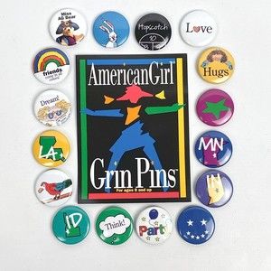 VTG Lot of 16 American Girl Grin Pins 1" Round Pinbacks & Design Submission Card